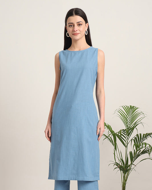 Blue Dawn Sleeveless Long Solid Kurta (Without Bottoms)