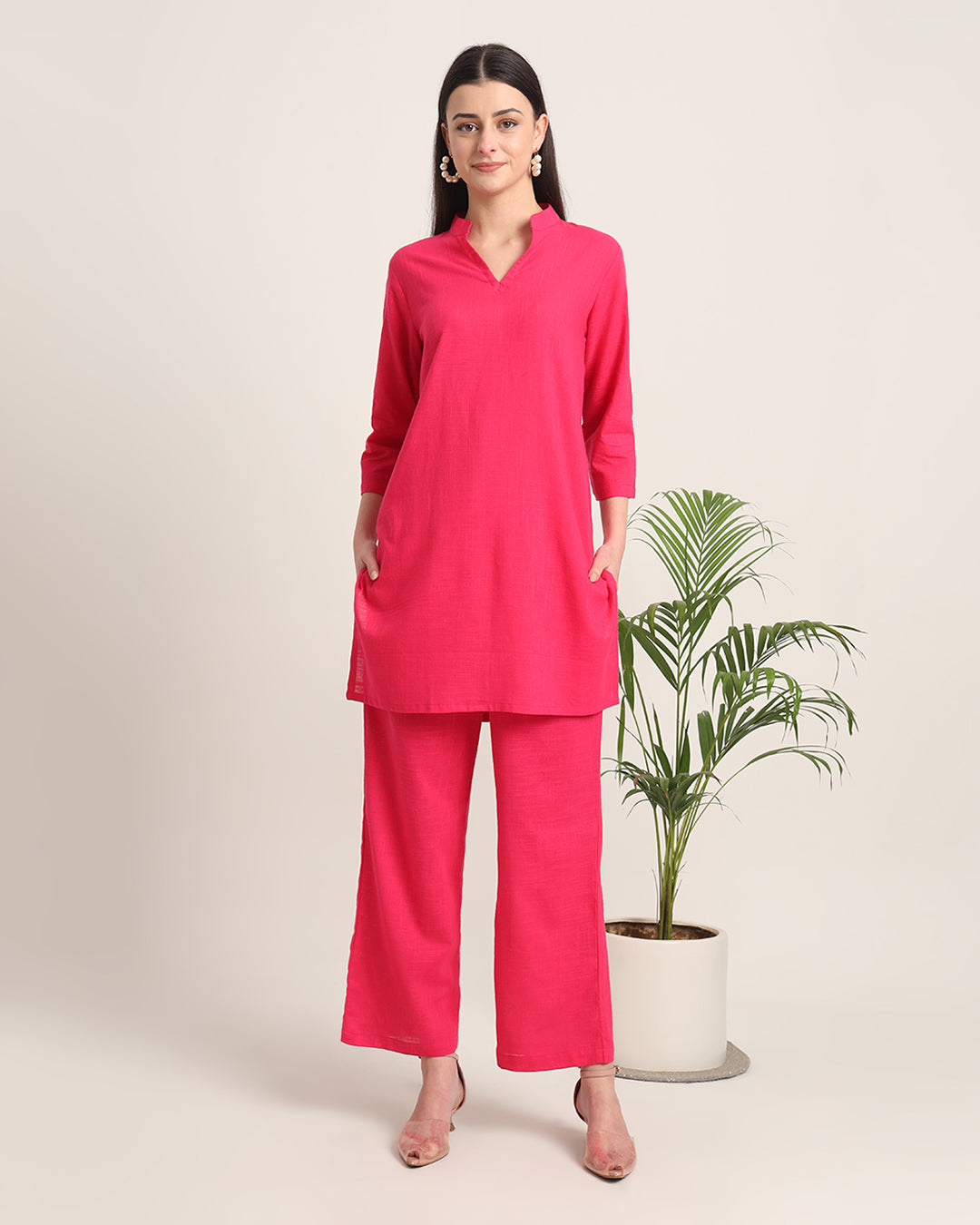 Queen's Gulabi Collar Neck Mid Length Solid Co-ord Set