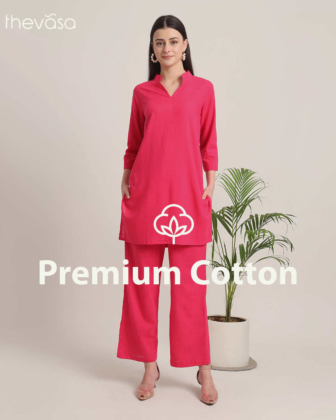 Queen's Gulabi Collar Neck Mid Length Solid Co-ord Set