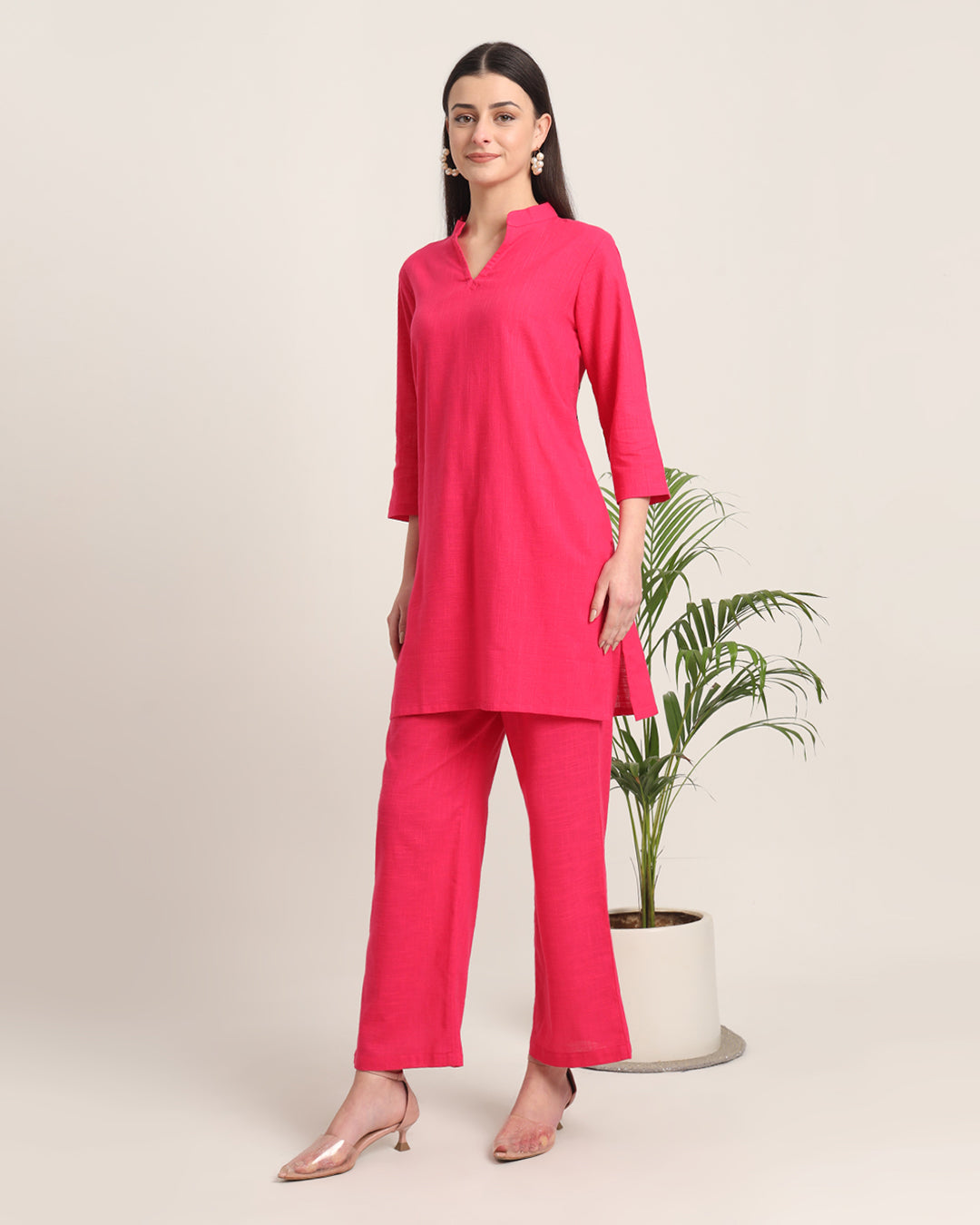 Queen's Gulabi Collar Neck Mid Length Solid Co-ord Set