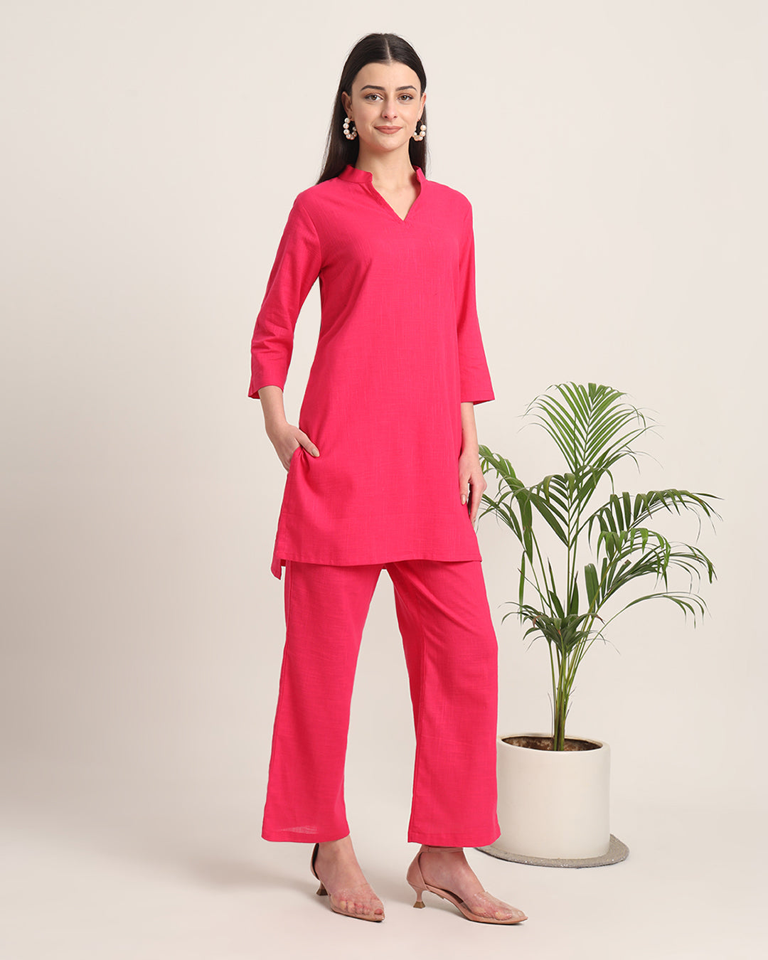 Queen's Gulabi Collar Neck Mid Length Solid Co-ord Set