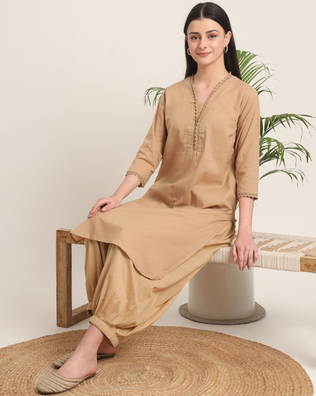 Day In Beige Lace Affair Solid Kurta (Without Bottoms)