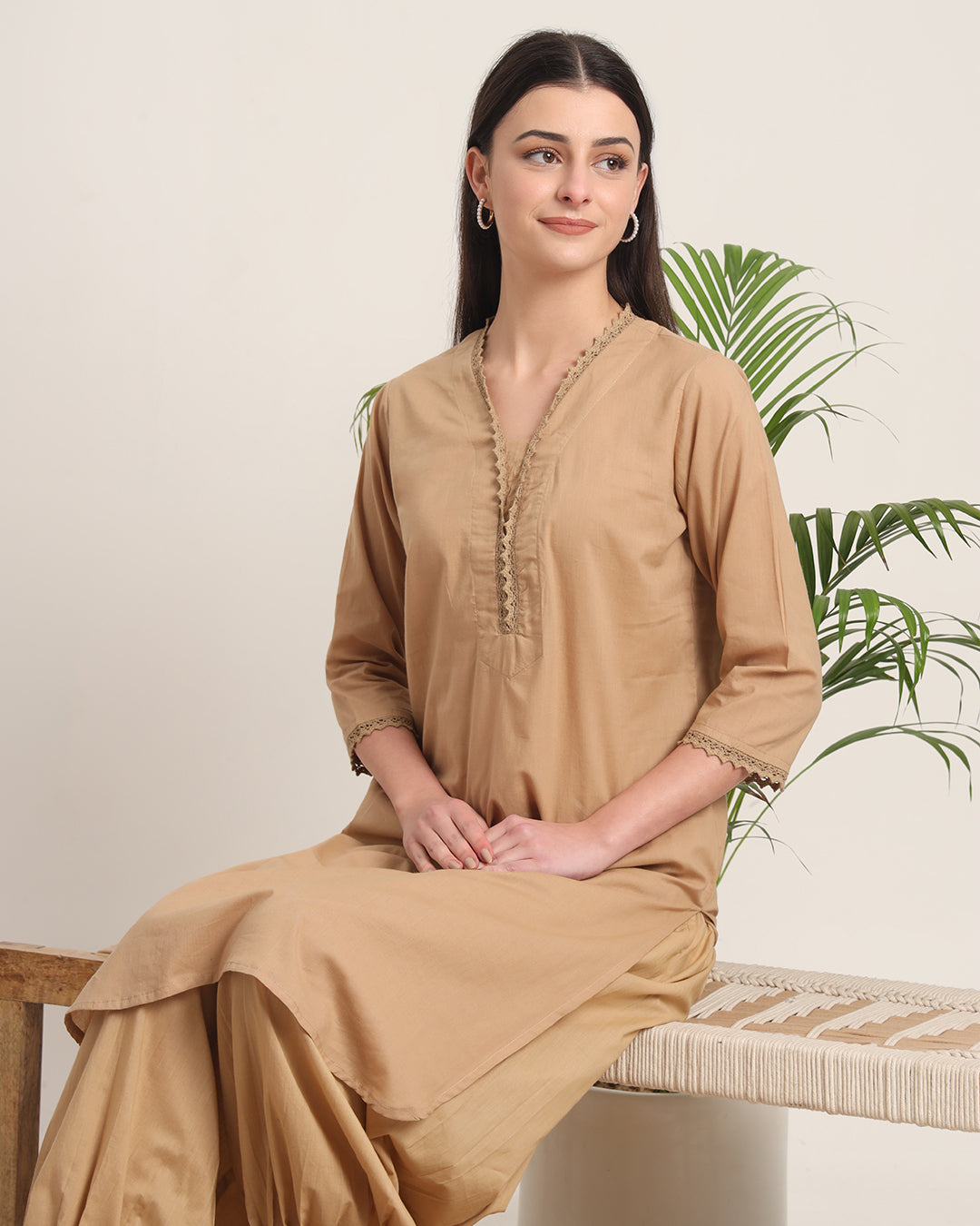 Day In Beige Lace Affair Solid Kurta (Without Bottoms)