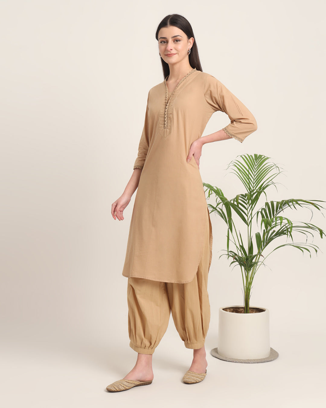 Day In Beige Lace Affair Solid Kurta (Without Bottoms)