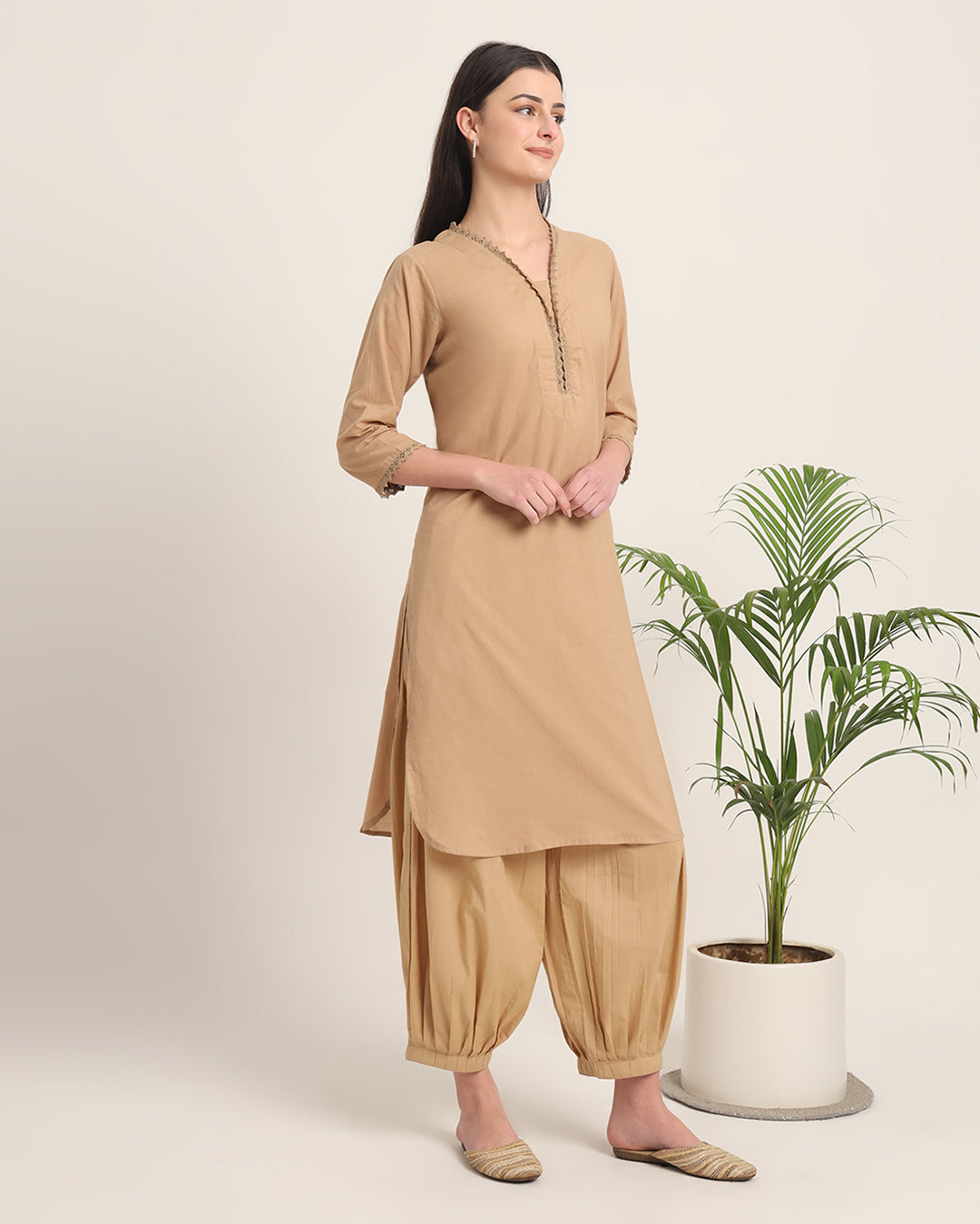 Day In Beige Lace Affair Solid Kurta (Without Bottoms)