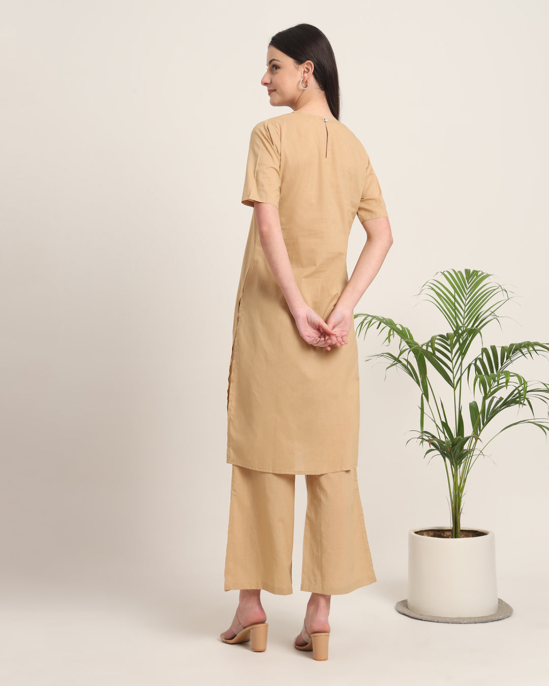 Beige Round Neck Long Solid Kurta (Without Bottoms)