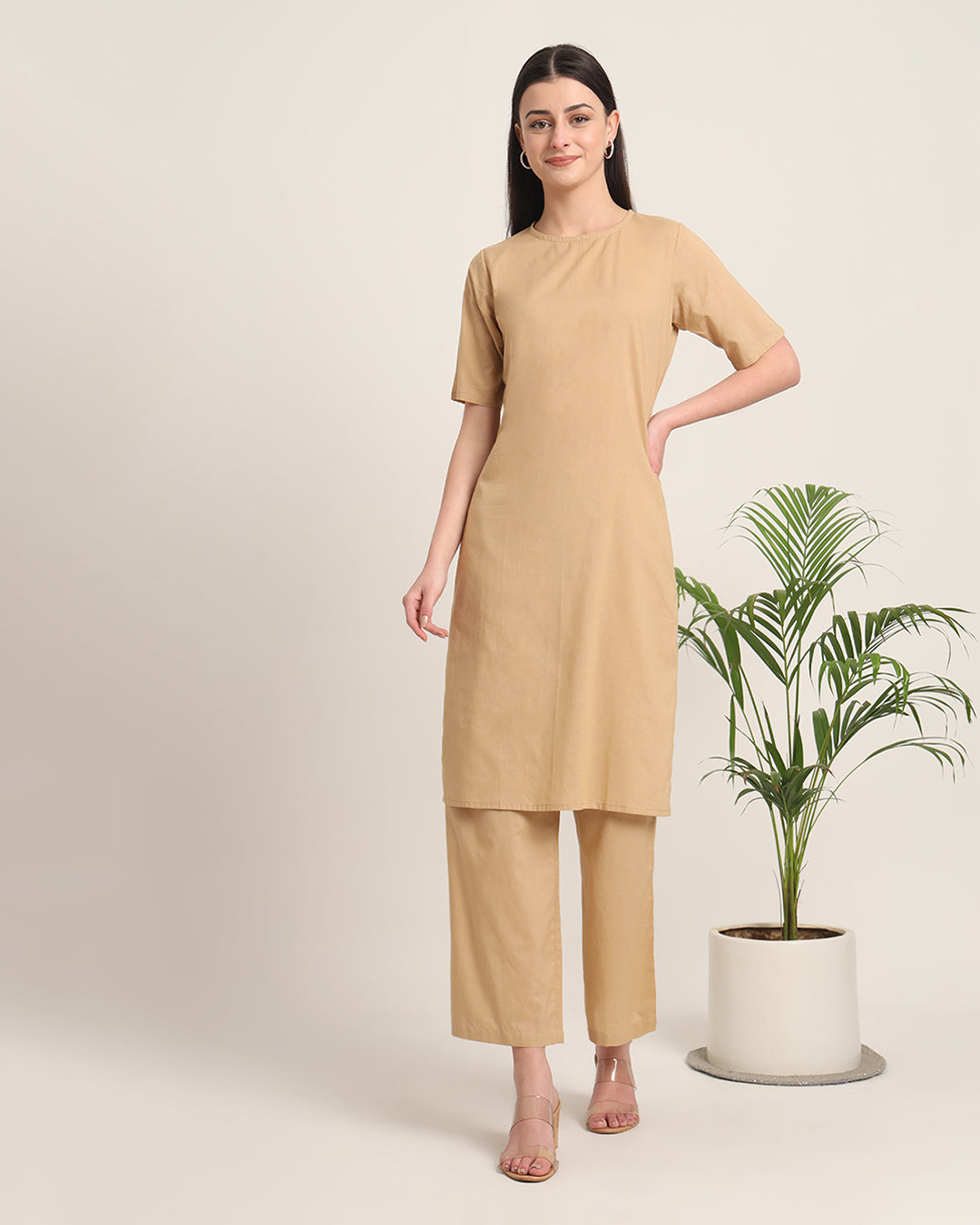 Beige Round Neck Long Solid Co-ord Set