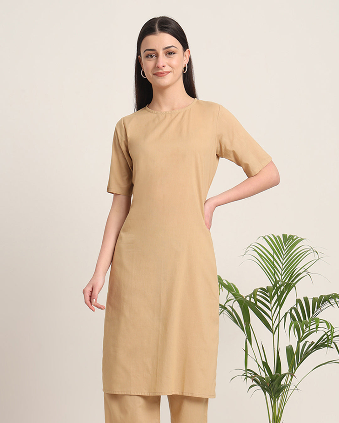 Beige Round Neck Long Solid Kurta (Without Bottoms)