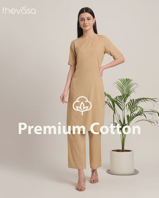 Beige Round Neck Long Solid Co-ord Set