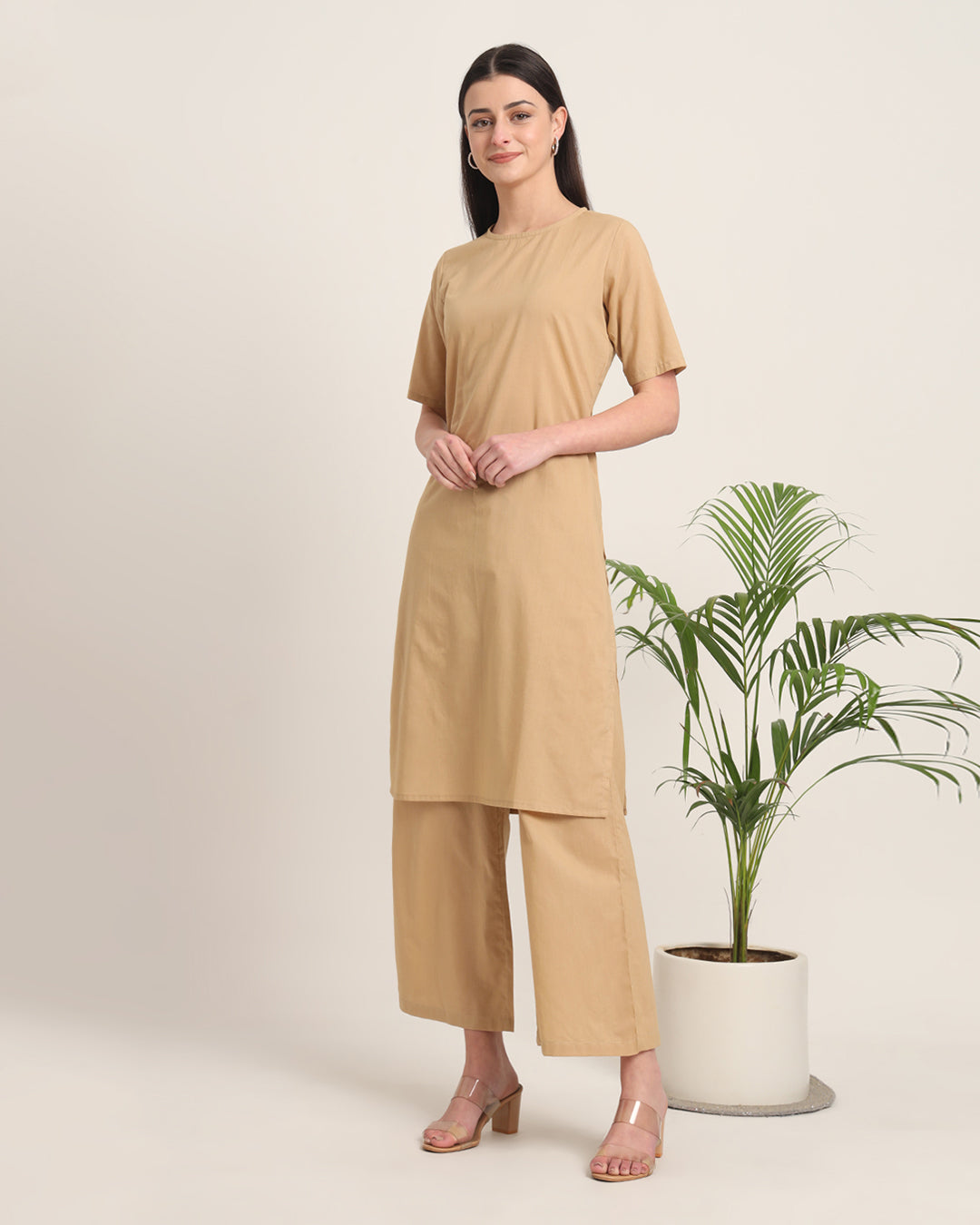 Beige Round Neck Long Solid Co-ord Set