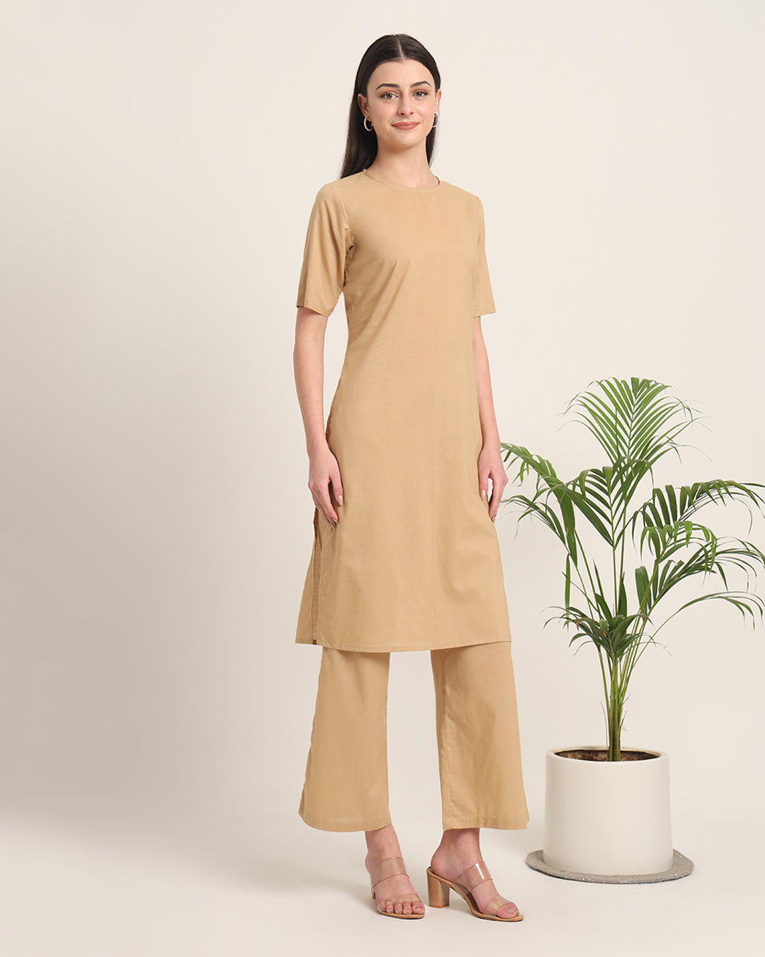 Beige Round Neck Long Solid Co-ord Set