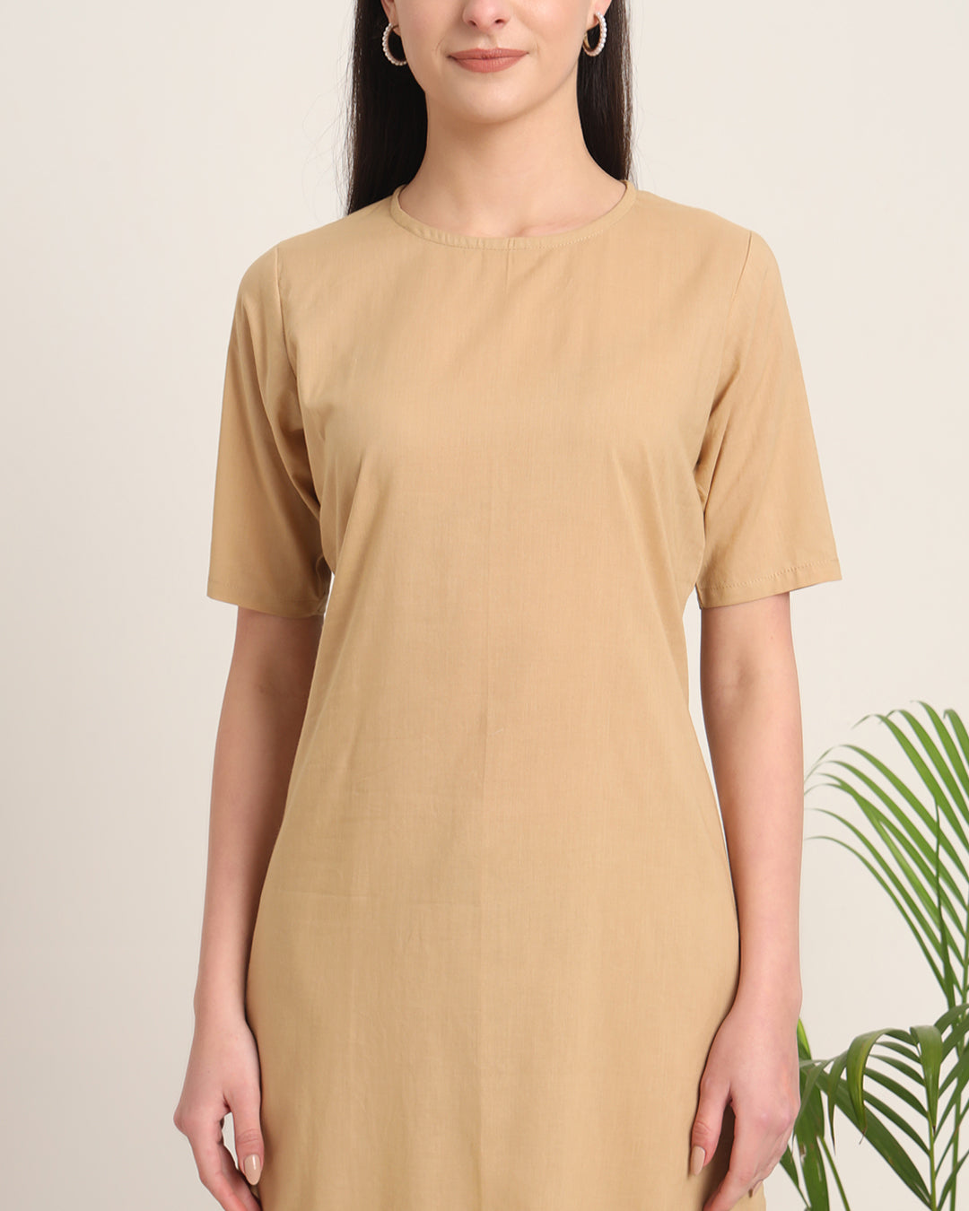 Beige Round Neck Long Solid Kurta (Without Bottoms)