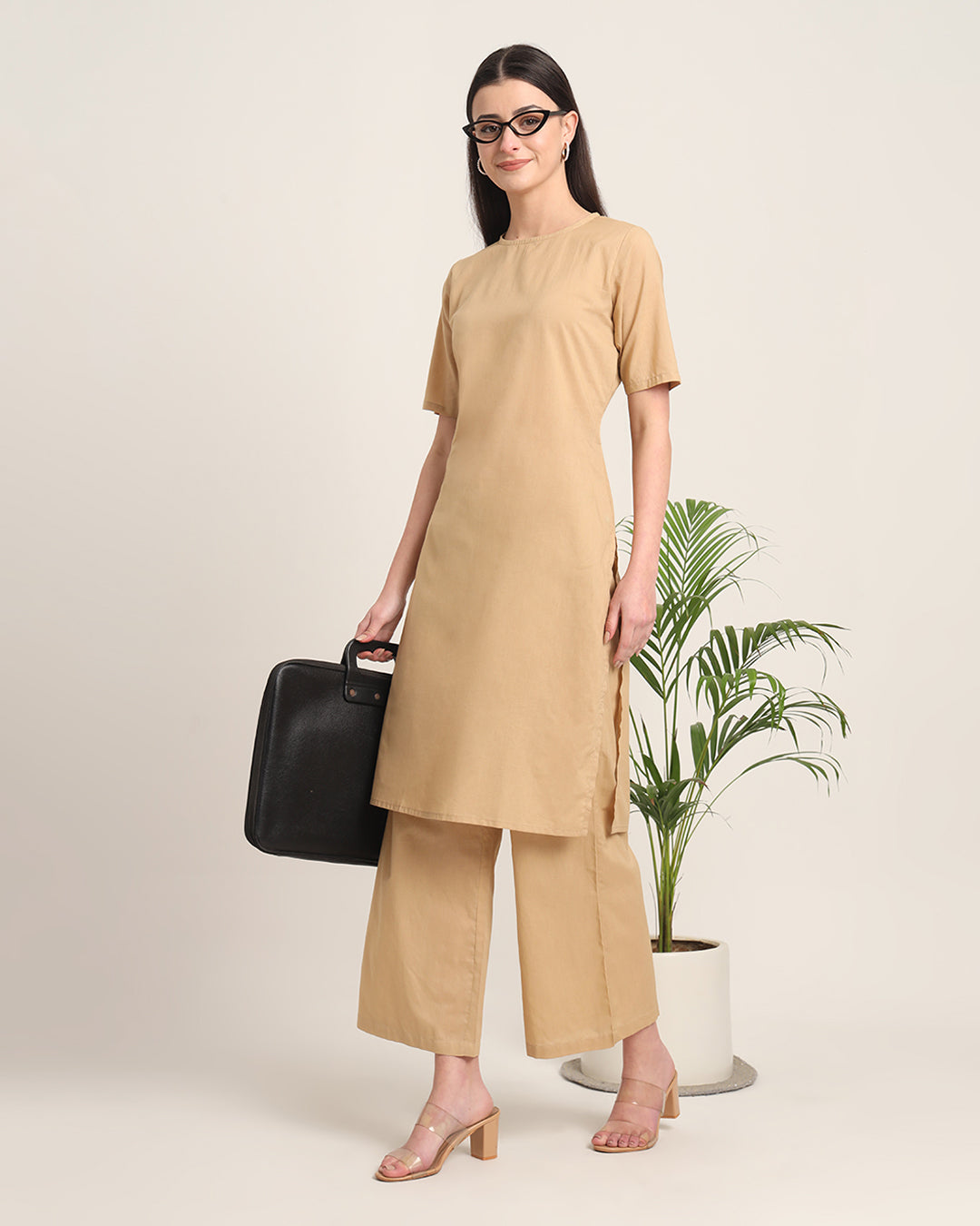 Beige Round Neck Long Solid Co-ord Set