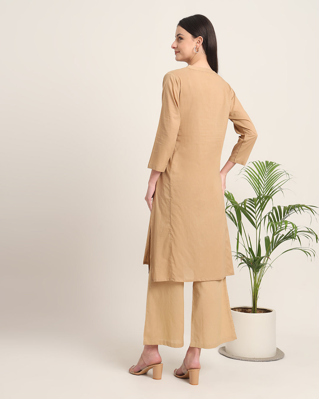 Beige Everyday Bliss Notch Neck Solid Kurta (Without Bottoms)