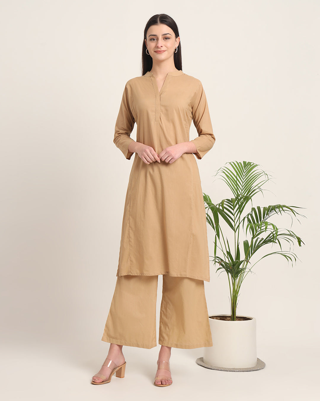 Beige Everyday Bliss Notch Neck Solid Co-ord Set