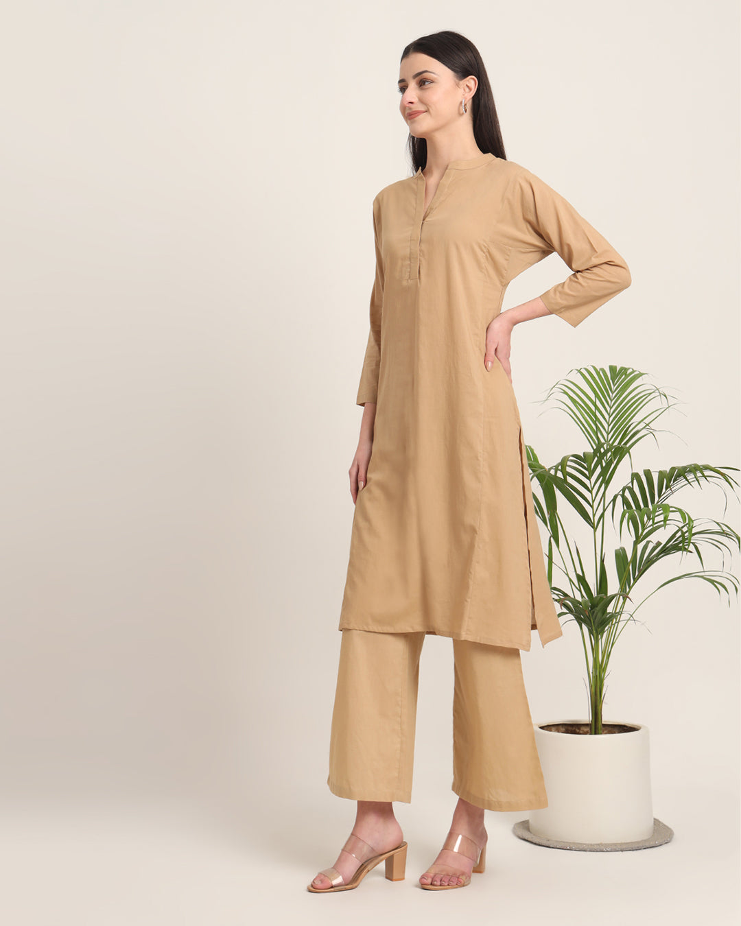 Beige Everyday Bliss Notch Neck Solid Kurta (Without Bottoms)