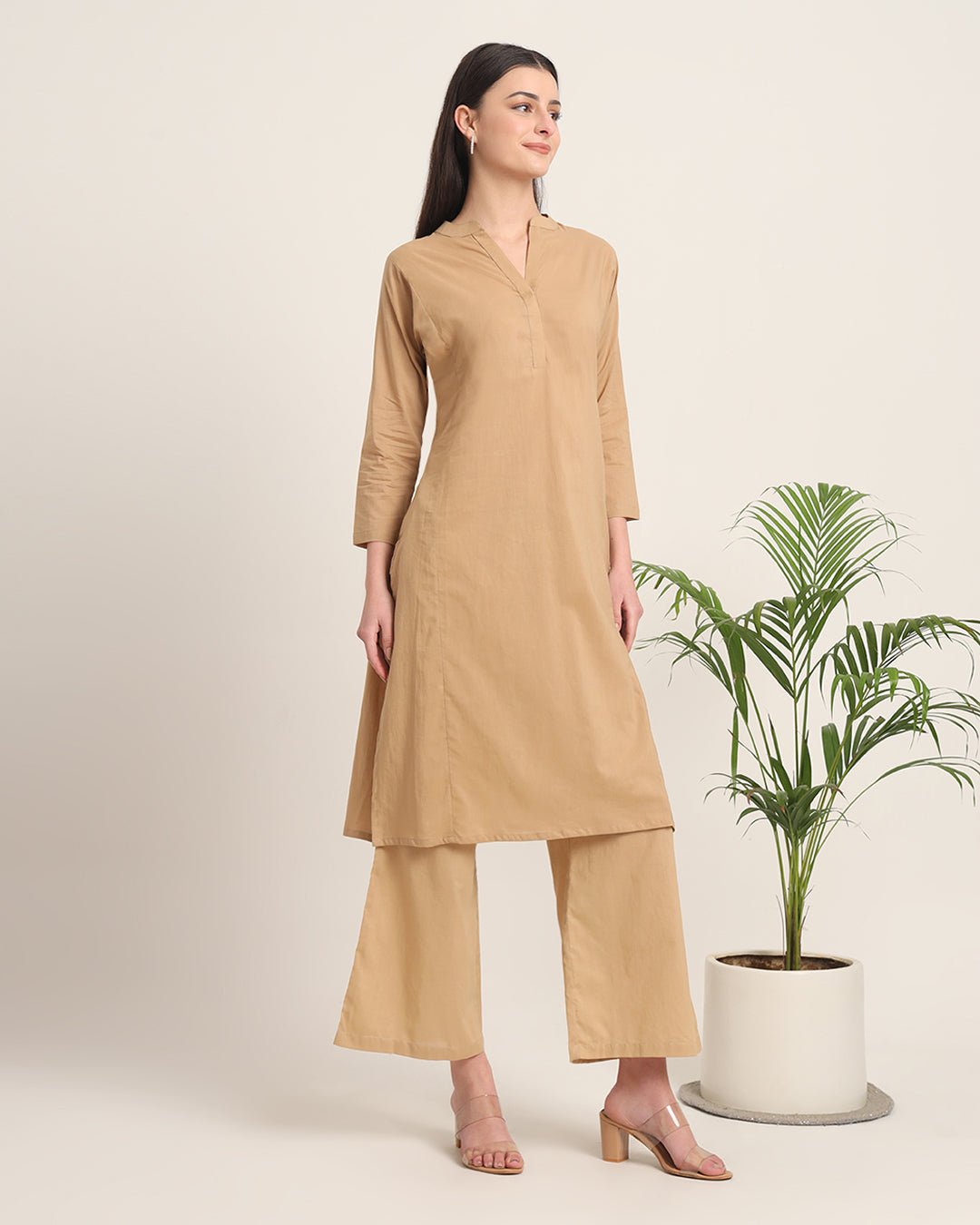 Beige Everyday Bliss Notch Neck Solid Kurta (Without Bottoms)