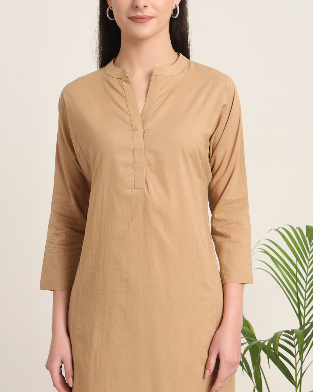 Beige Everyday Bliss Notch Neck Solid Kurta (Without Bottoms)