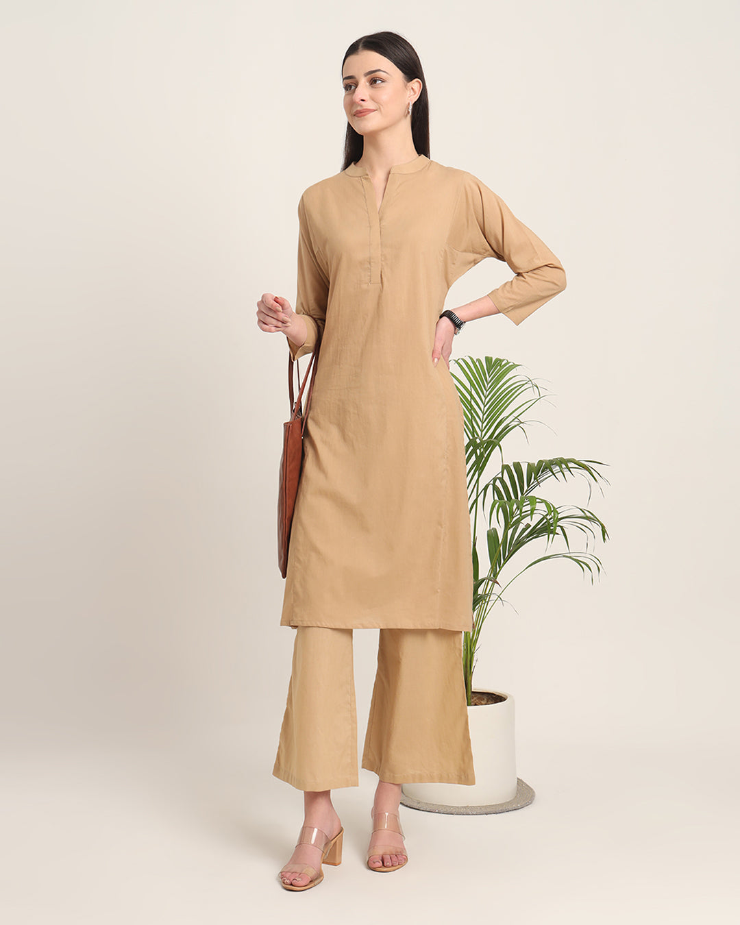 Beige Everyday Bliss Notch Neck Solid Kurta (Without Bottoms)