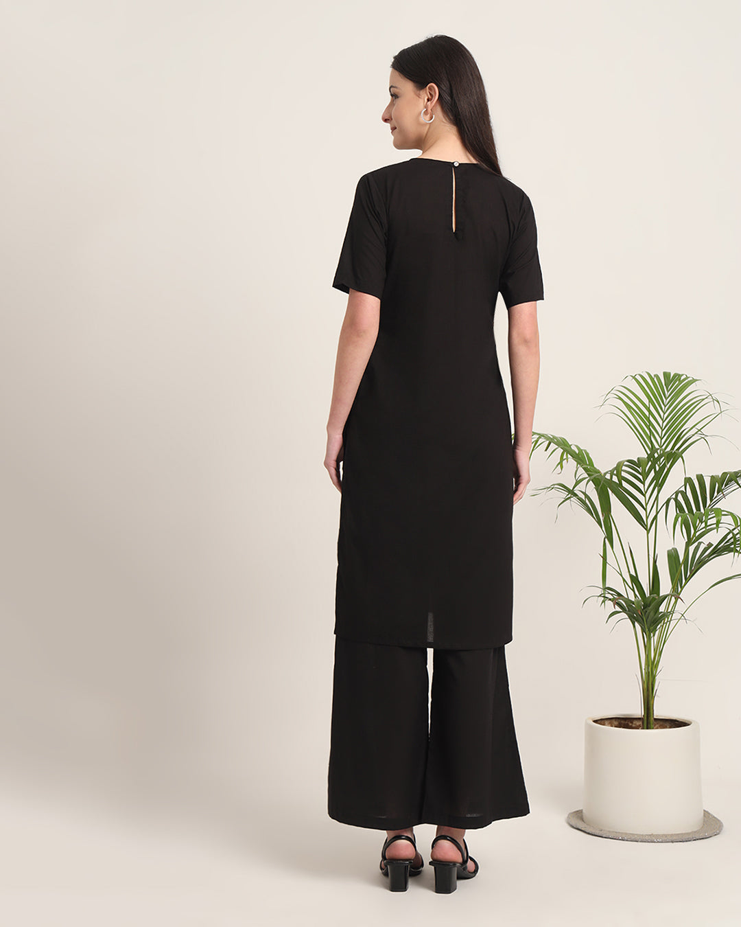 Black Round Neck Long Solid Co-ord Set