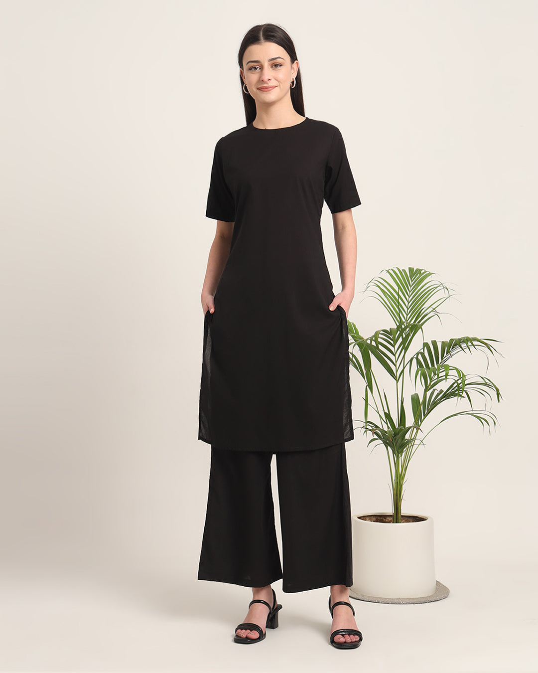 Black Round Neck Long Solid Co-ord Set