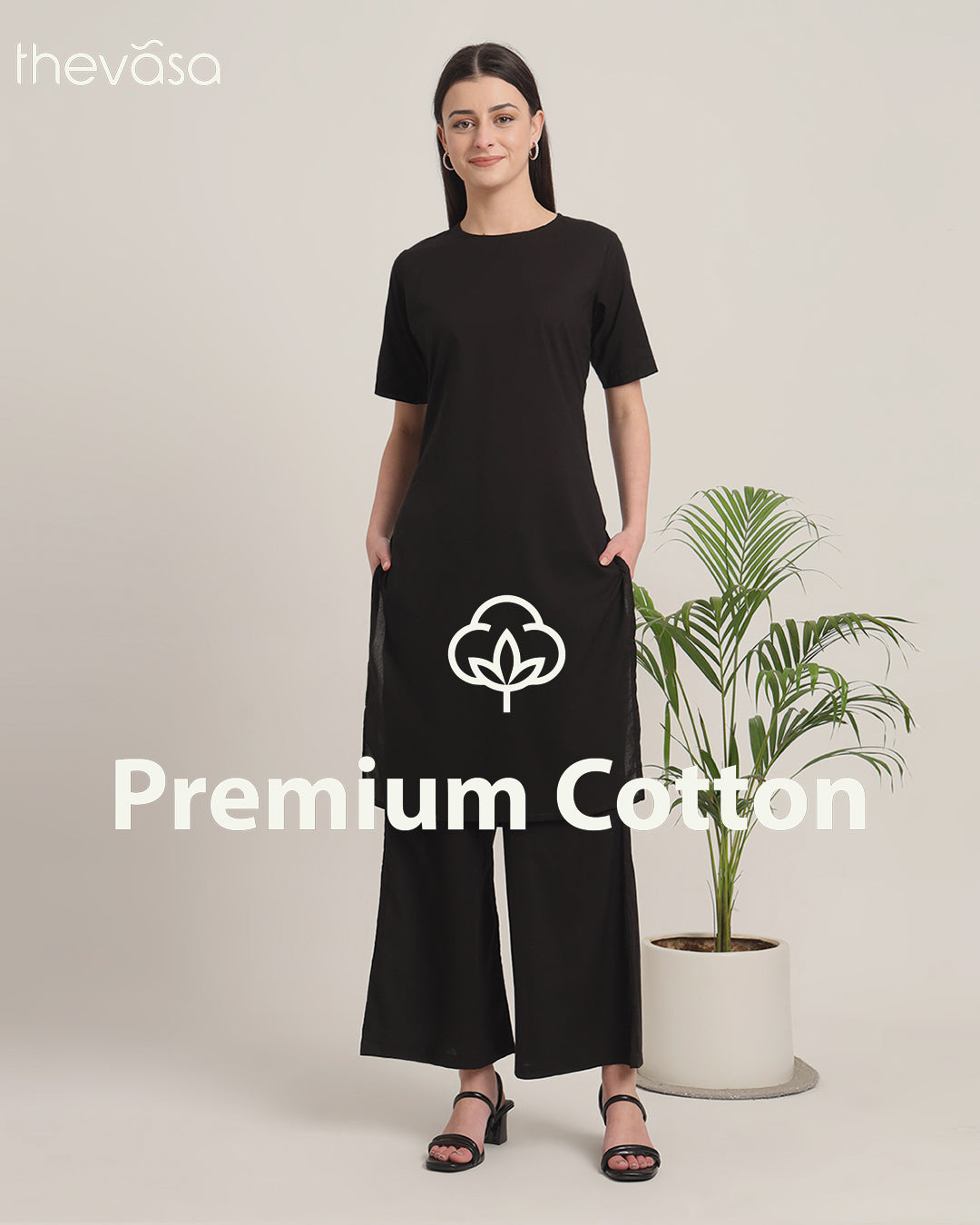 Black Round Neck Long Solid Kurta (Without Bottoms)