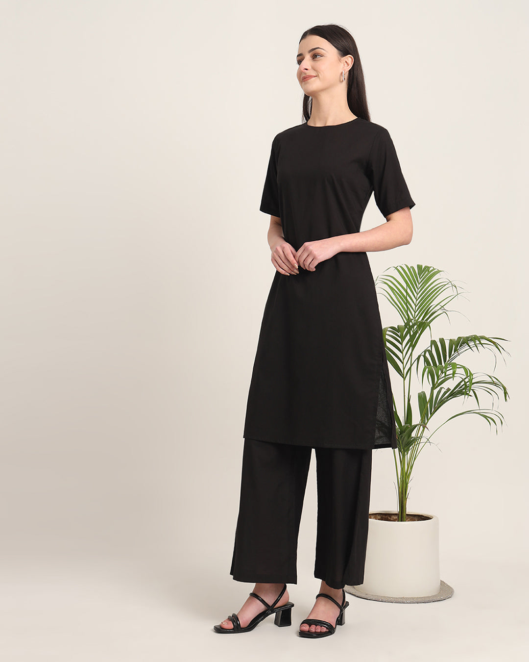 Black Round Neck Long Solid Co-ord Set