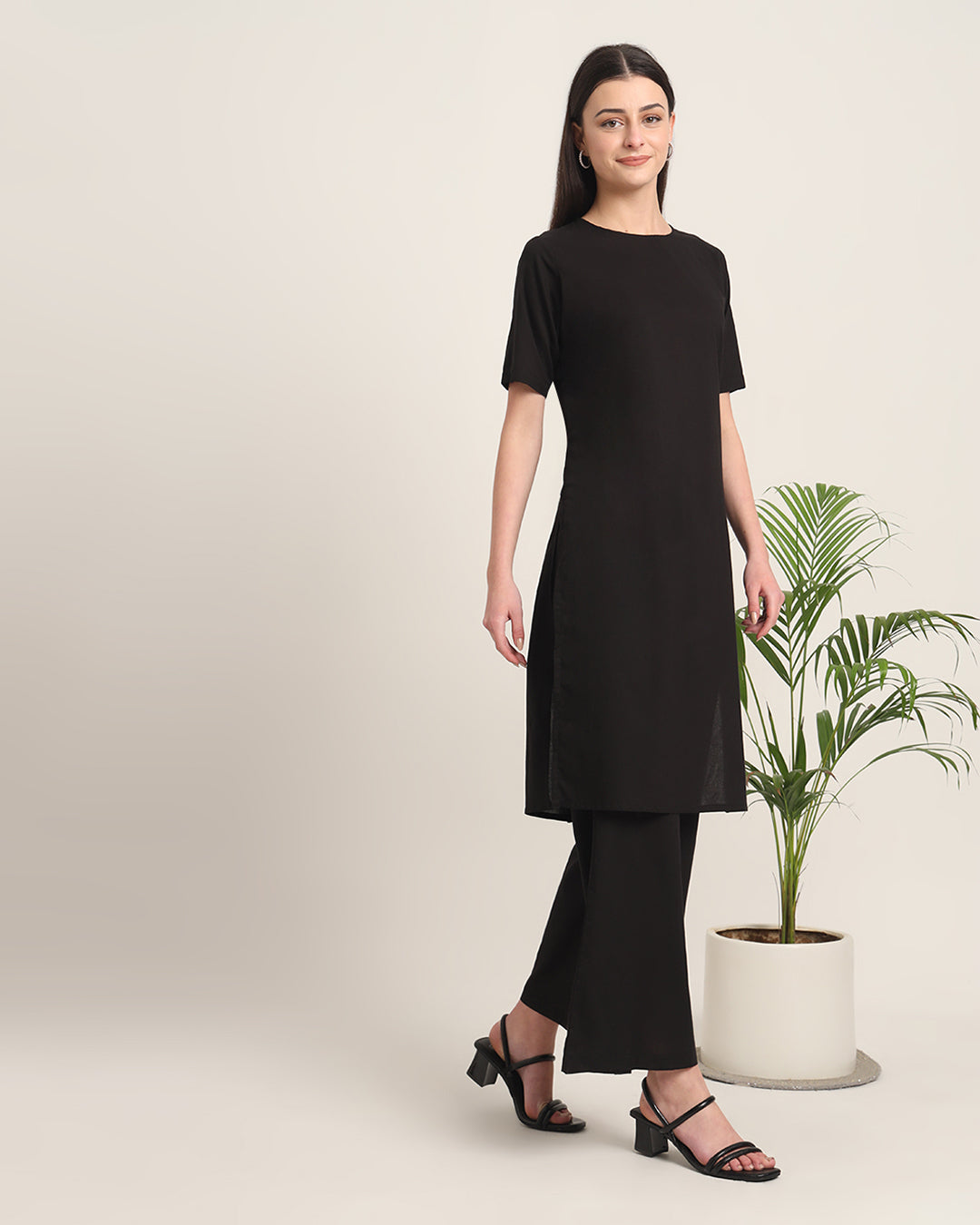 Black Round Neck Long Solid Co-ord Set