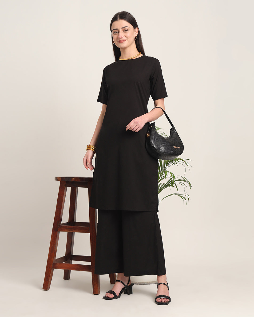 Black Round Neck Long Solid Co-ord Set