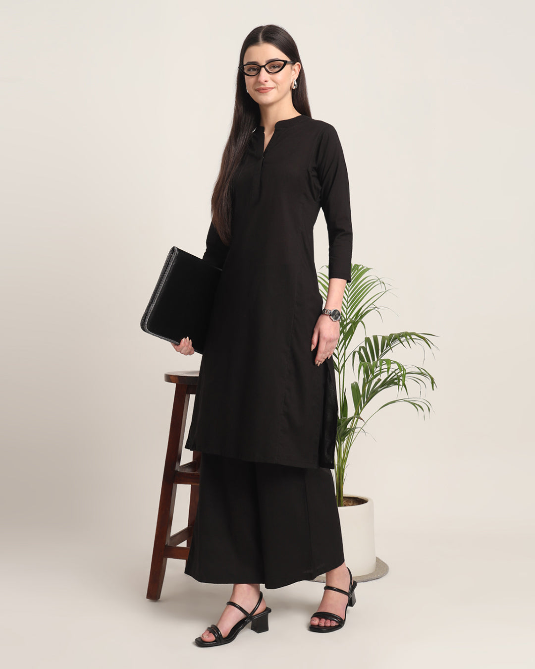 Black Everyday Bliss Notch Neck Solid Kurta (Without Bottoms)