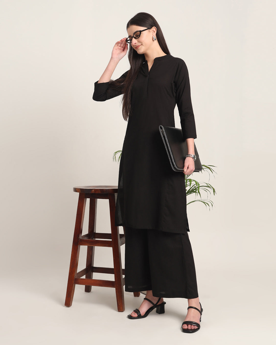 Black Everyday Bliss Notch Neck Solid Kurta (Without Bottoms)