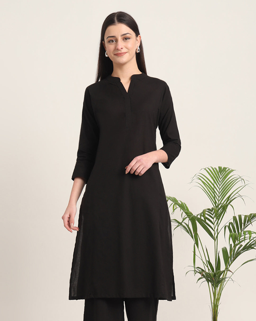 Black Everyday Bliss Notch Neck Solid Kurta (Without Bottoms)