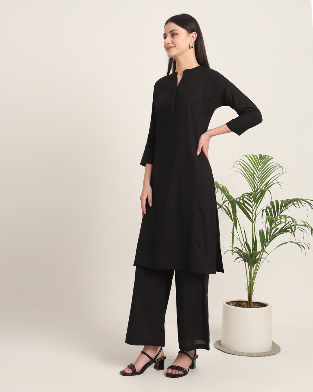 Black Everyday Bliss Notch Neck Solid Kurta (Without Bottoms)