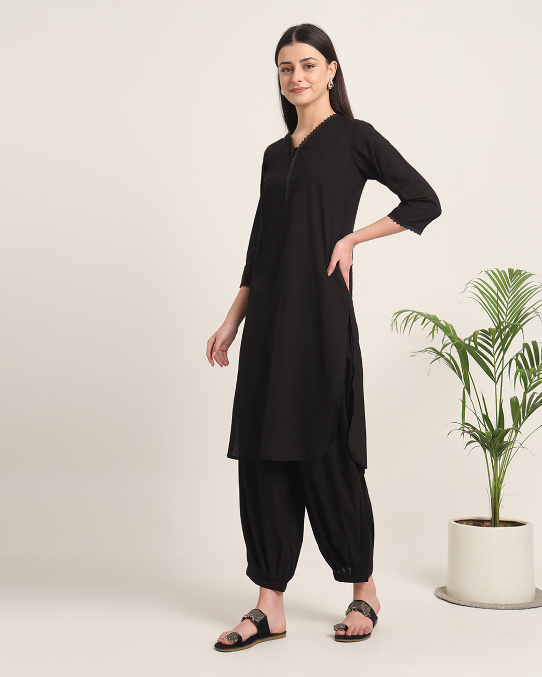 Classic Black Lace Affair Solid Kurta (Without Bottoms)