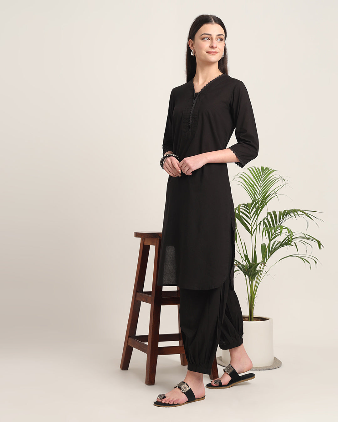 Classic Black Lace Affair Solid Kurta (Without Bottoms)