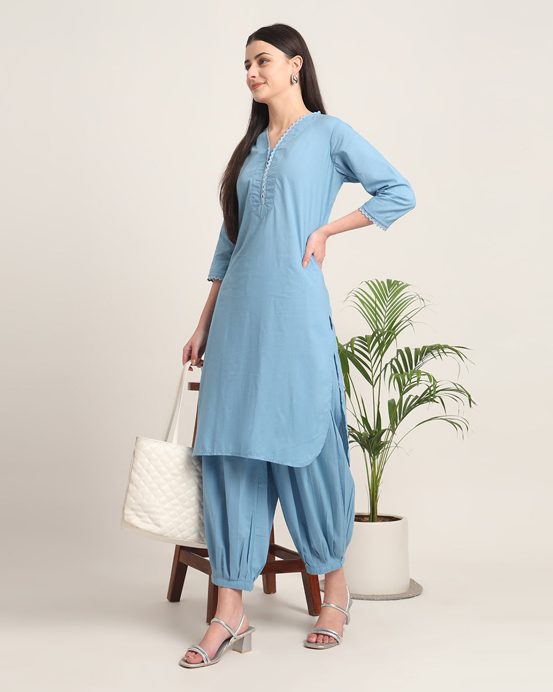 Blue Dawn Lace Affair Solid Kurta (Without Bottoms)