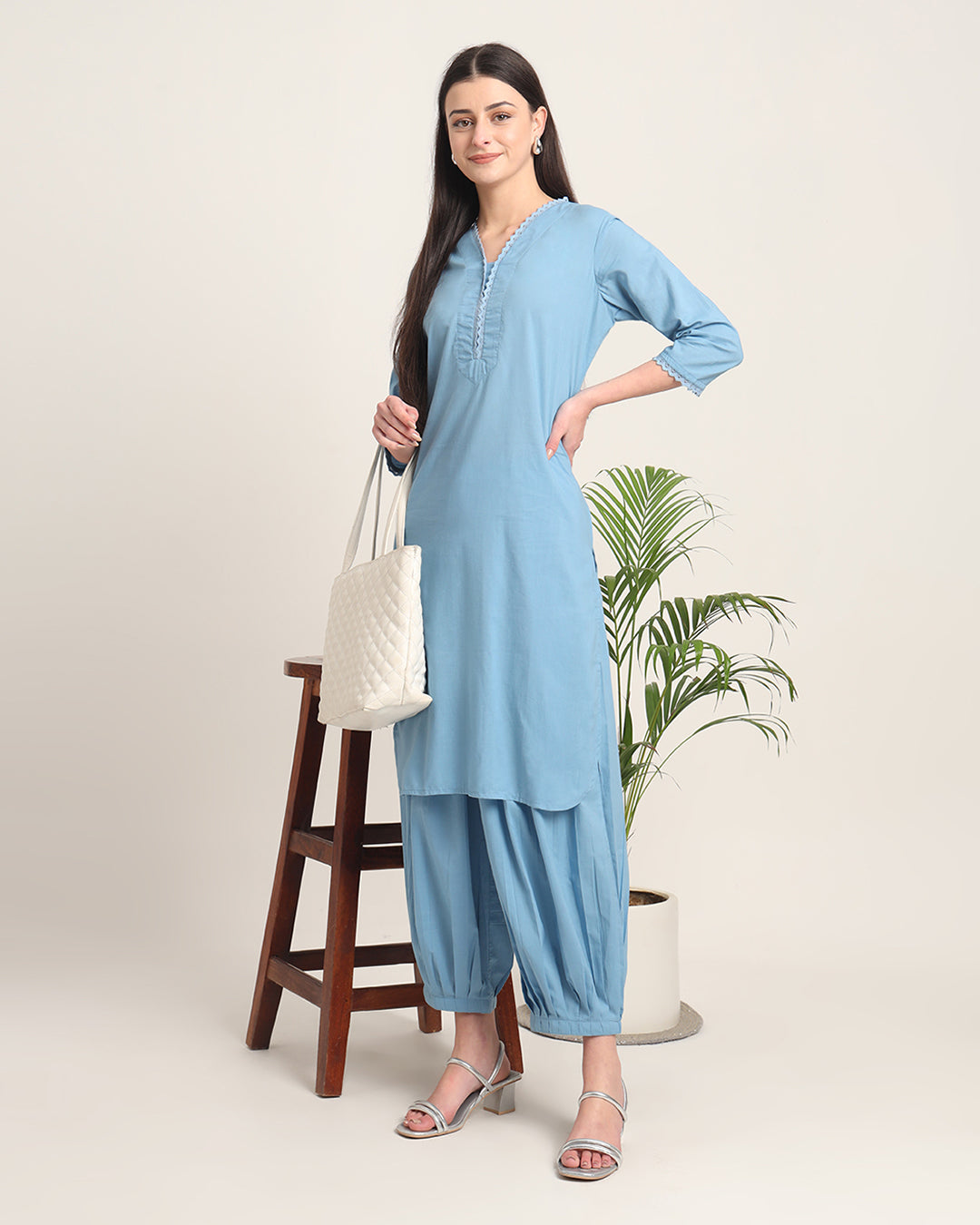 Blue Dawn Lace Affair Solid Kurta (Without Bottoms)