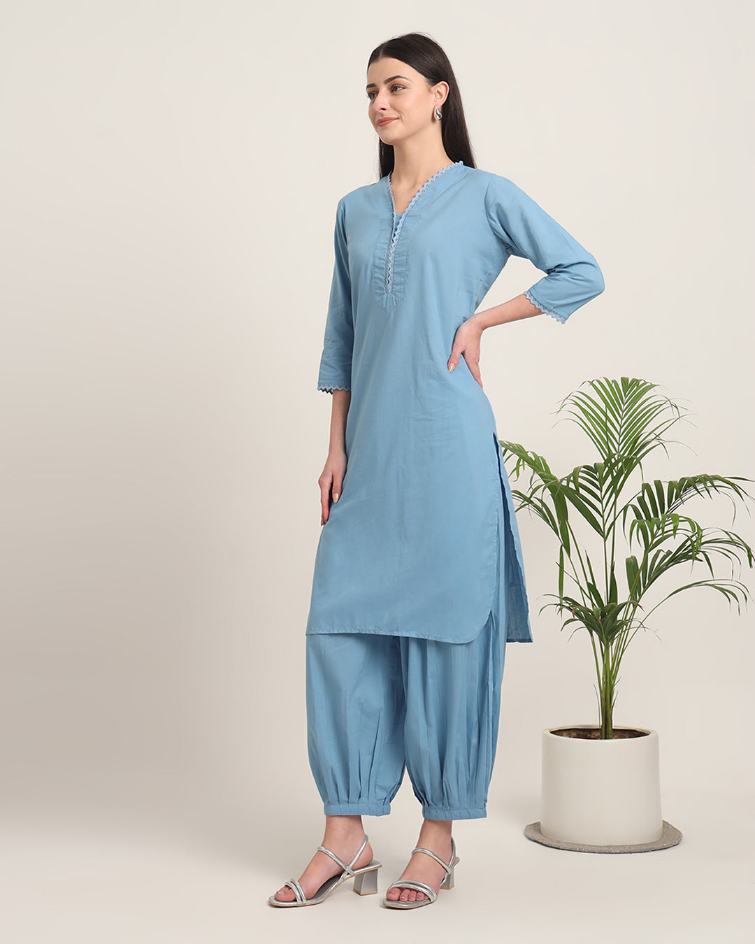 Blue Dawn Lace Affair Solid Kurta (Without Bottoms)