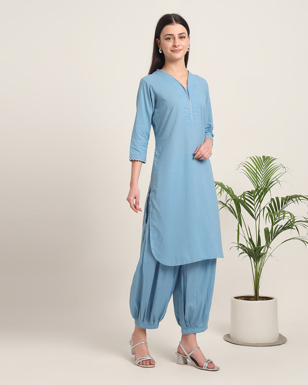 Blue Dawn Lace Affair Solid Kurta (Without Bottoms)