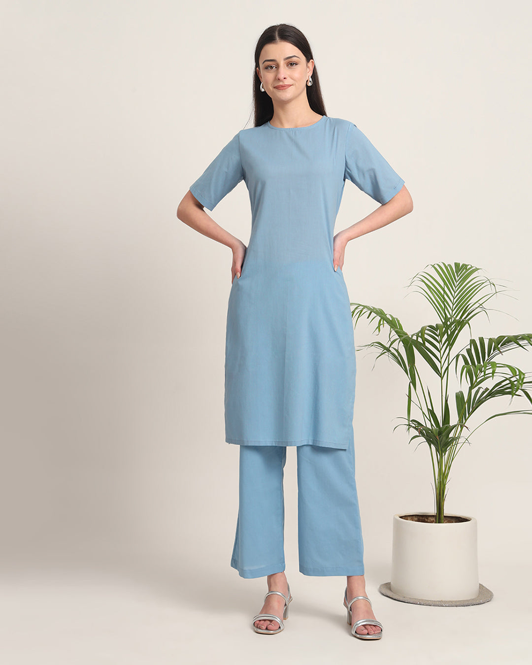 Blue Dawn Round Neck Long Solid Co-ord Set