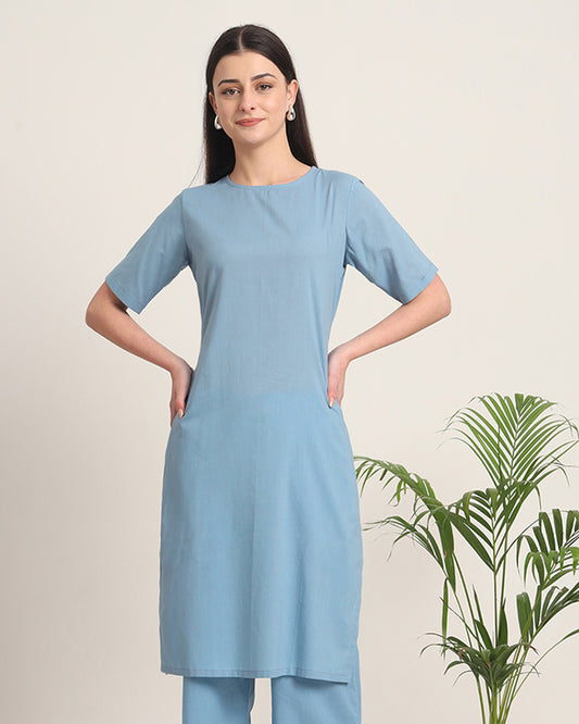 Blue Dawn Round Neck Long Solid Kurta (Without Bottoms)