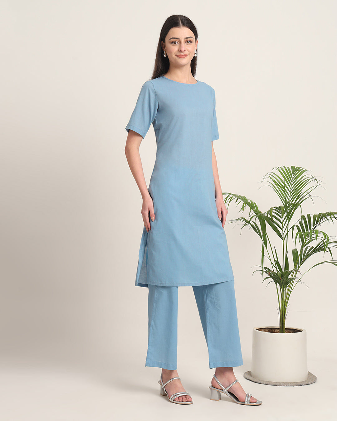 Blue Dawn Round Neck Long Solid Co-ord Set