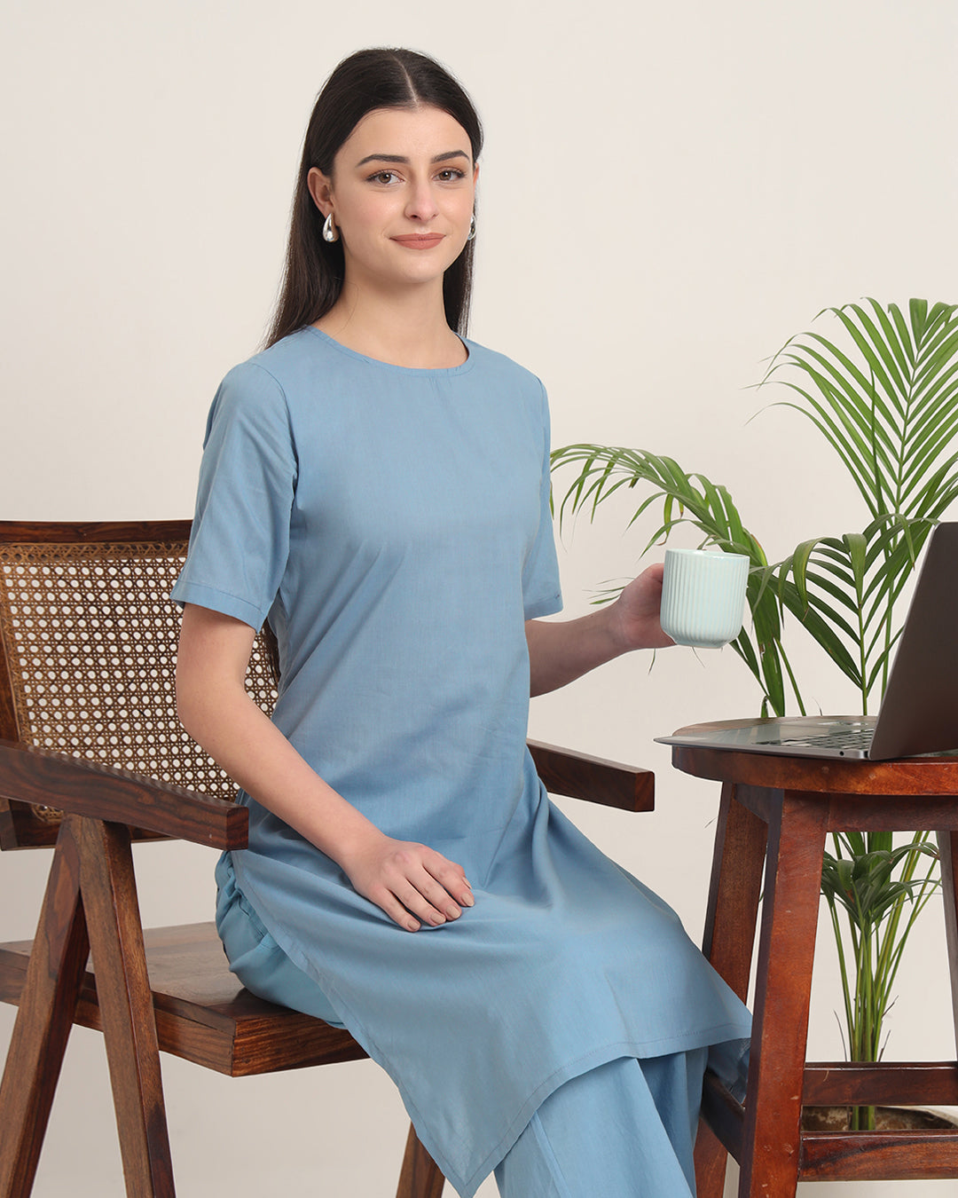 Blue Dawn Round Neck Long Solid Co-ord Set