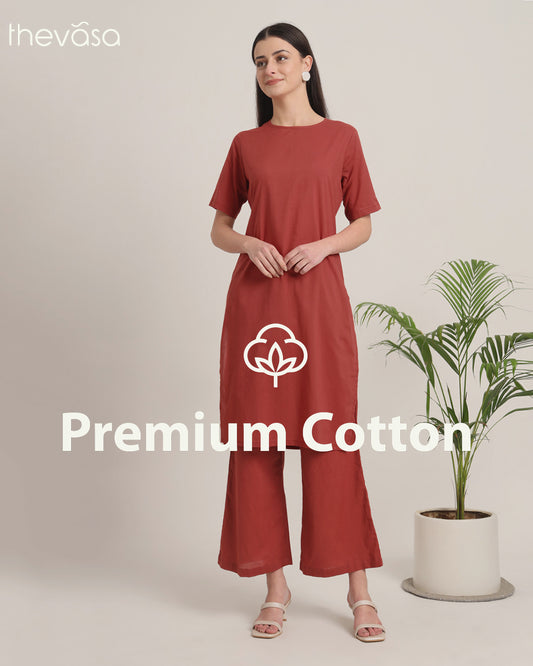 Russet Red Round Neck Long Solid Co-ord Set