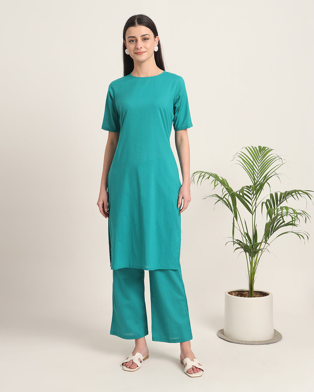 Green Gleam Round Neck Long Solid Co-ord Set