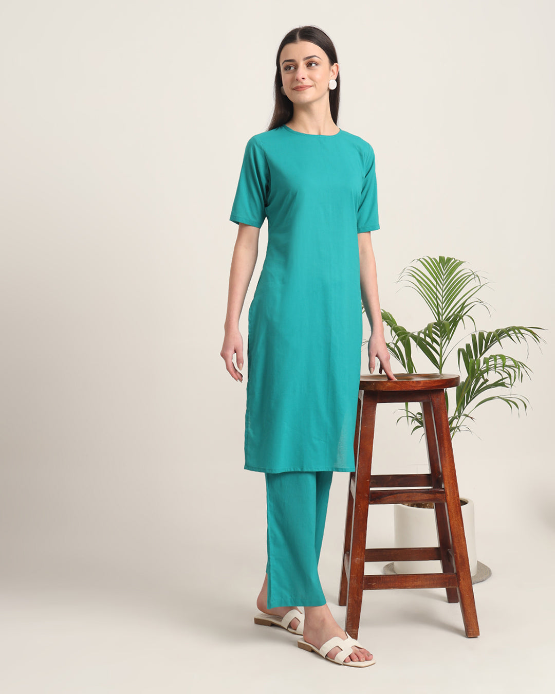 Green Gleam Round Neck Long Solid Co-ord Set