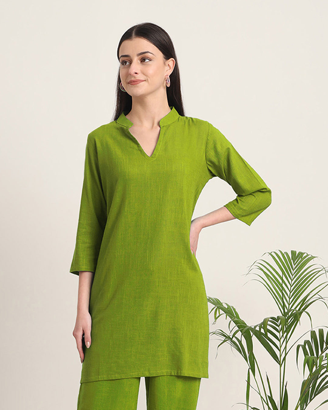 Sage Green Collar Neck Mid Length Solid Kurta (Without Bottoms)