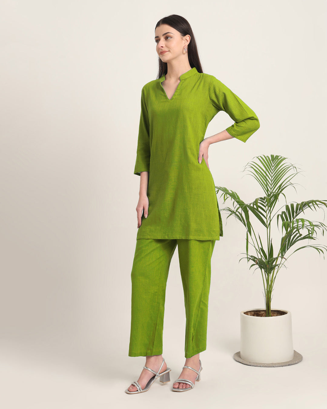 Sage Green Collar Neck Mid Length Solid Kurta (Without Bottoms)