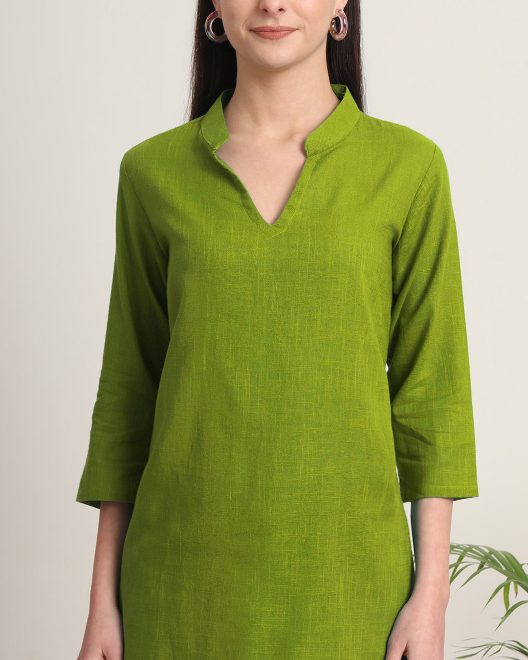 Sage Green Collar Neck Mid Length Solid Kurta (Without Bottoms)