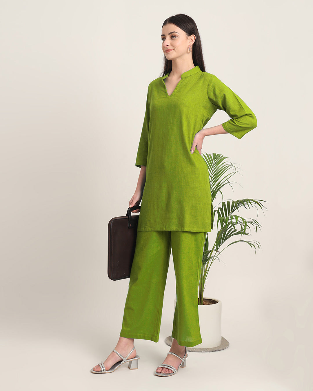 Sage Green Collar Neck Mid Length Solid Kurta (Without Bottoms)